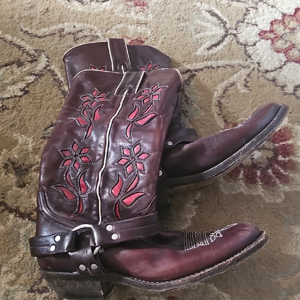 Golden Goose Brown Leather Heeled Boots with Red Floral Inlay